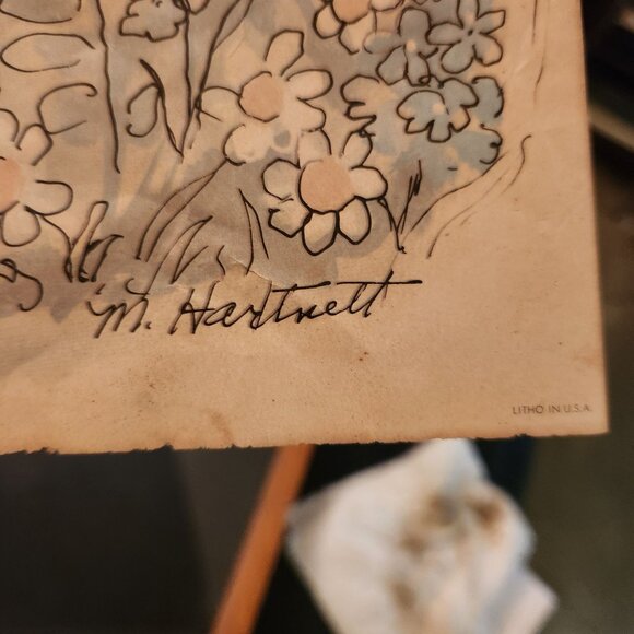 1971 M. Hartnett Framed Lithograph Art Print Girl In Dress With Flowers - Picture 4 of 11